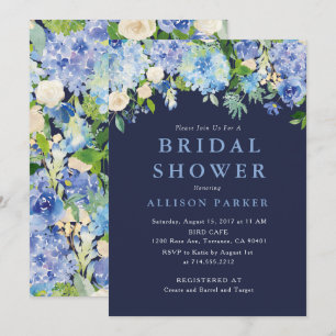 Navy Blue Watercolor hydrangea Bridal Shower Invitation