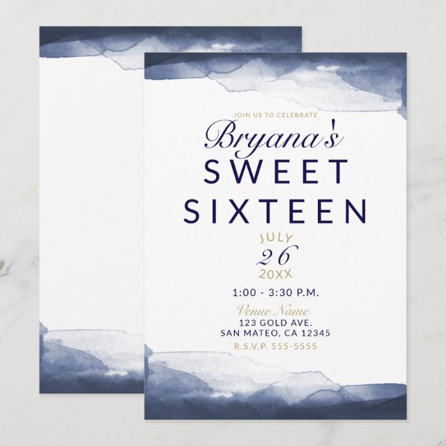 Navy Blue Watercolor Modern Chic Sweet 16 Party Invitation (Front/Back)