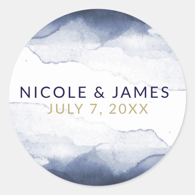Navy Blue Watercolor Modern Chic Wedding Classic Round Sticker (Front)