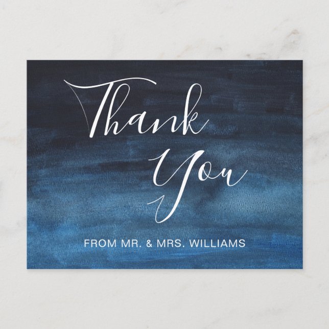 Navy Blue Watercolor Modern Wedding Thank You Postcard (Front)