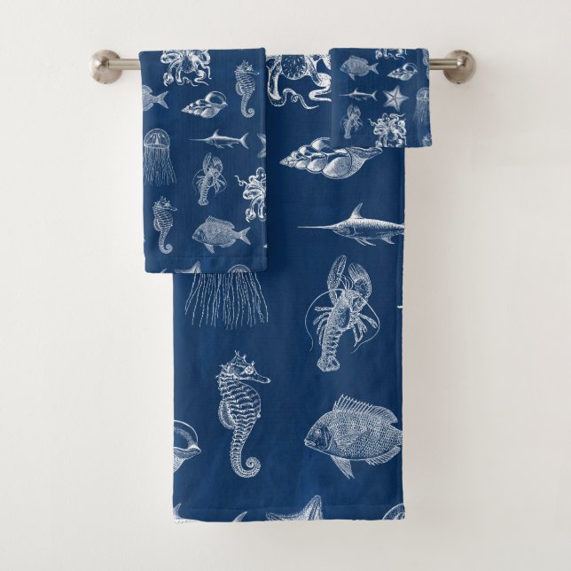 Navy Blue Watercolor Ocean Marine Animals Bath Towel Set (Insitu)