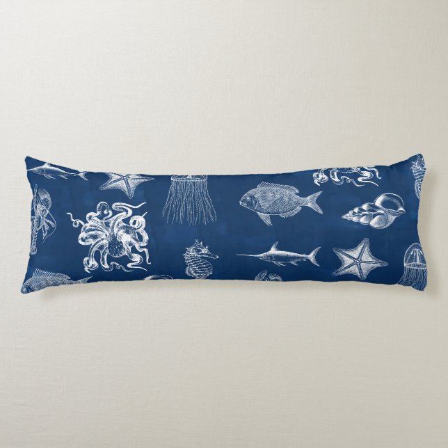 Navy Blue Watercolor Ocean Marine Animals  Body Pillow (Front)