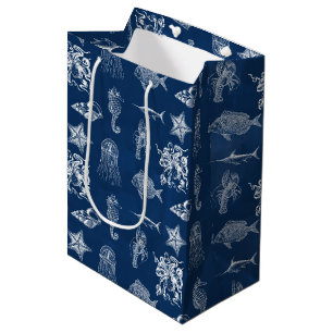 Navy Blue Watercolor Ocean Marine Animals  Medium Gift Bag