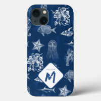 Navy Blue Watercolor Ocean Marine Animals Monogram
