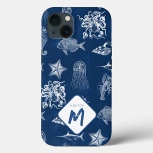 Navy Blue Watercolor Ocean Marine Animals Monogram iPhone 13 Case