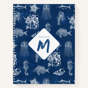 Navy Blue Watercolor Ocean Marine Animals Monogram Notebook