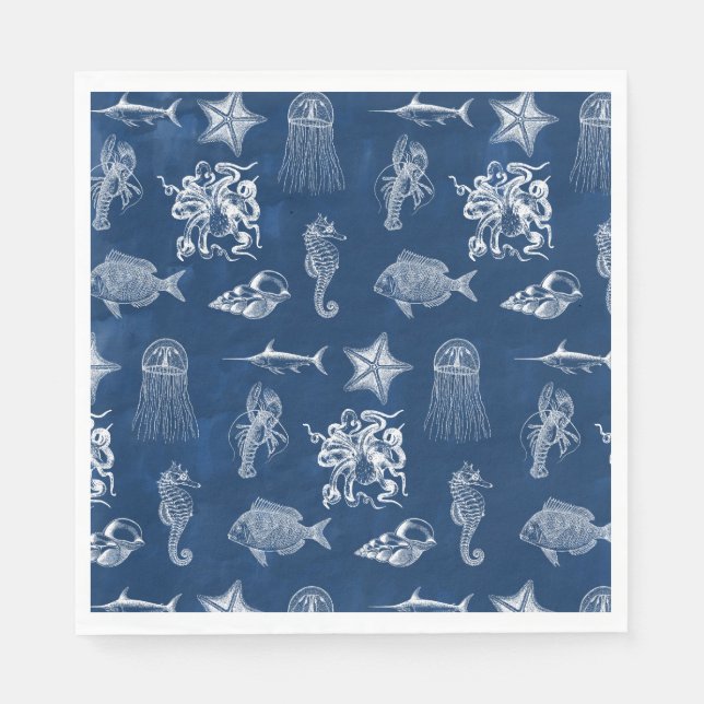 Navy Blue Watercolor Ocean Marine Animals Napkin (Front)