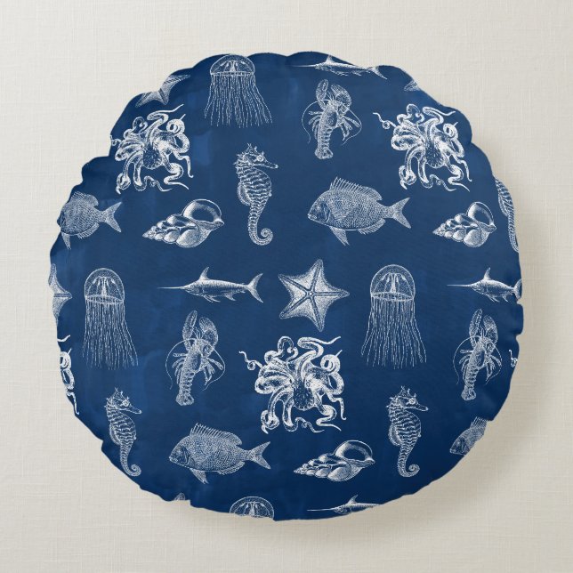 Navy Blue Watercolor Ocean Marine Animals Round Pillow (Front)