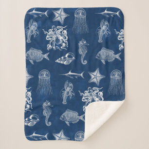 Navy Blue Watercolor Ocean Marine Animals Sherpa Blanket