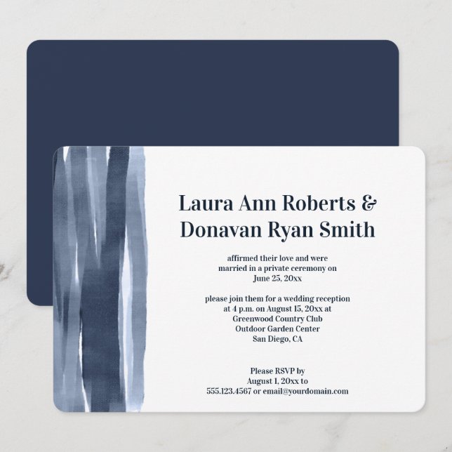 Navy Blue Watercolor Paint Strokes Reception Only Invitation (Front/Back)
