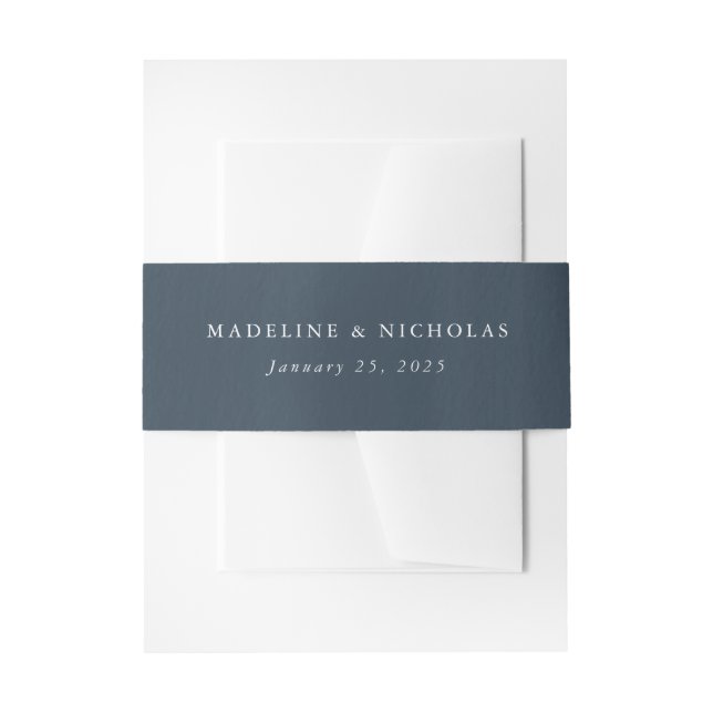 Navy Blue Watercolor Personalized Wedding Invitation Belly Band (Front Example)