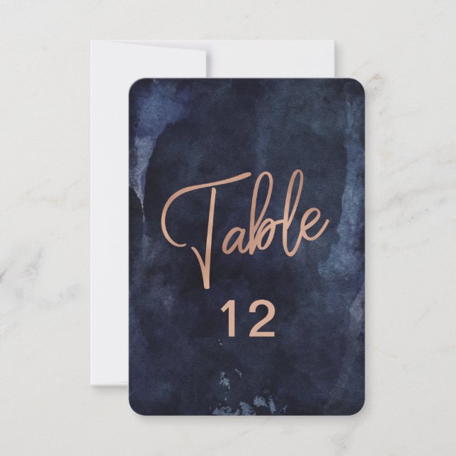 Navy Blue Watercolor Rose Gold Table Number Chart (Front)