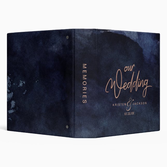 Navy Blue Watercolor Rose Gold Wedding Photo Album Binder (Background)
