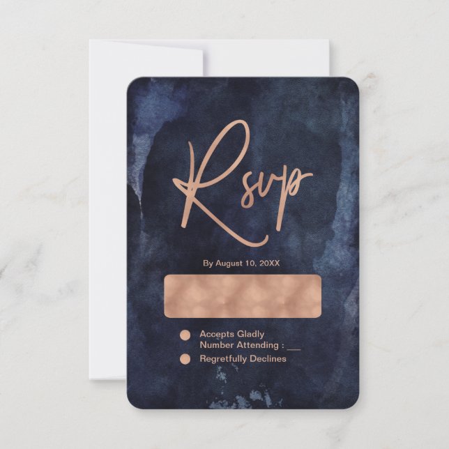 Navy Blue Watercolor & Rose Gold Wedding RSVP Card (Front)