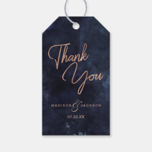 Navy Blue Watercolor & Rose Gold Wedding Thank You Gift Tags