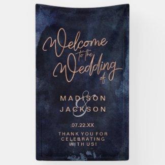 Navy Blue Watercolor & Rose Gold Wedding Welcome Banner