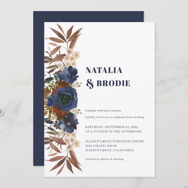 Navy Blue Watercolor Roses Wedding Invitation (Front/Back)