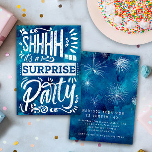 Navy Blue Watercolor Shh Surprise Birthday Party Invitation