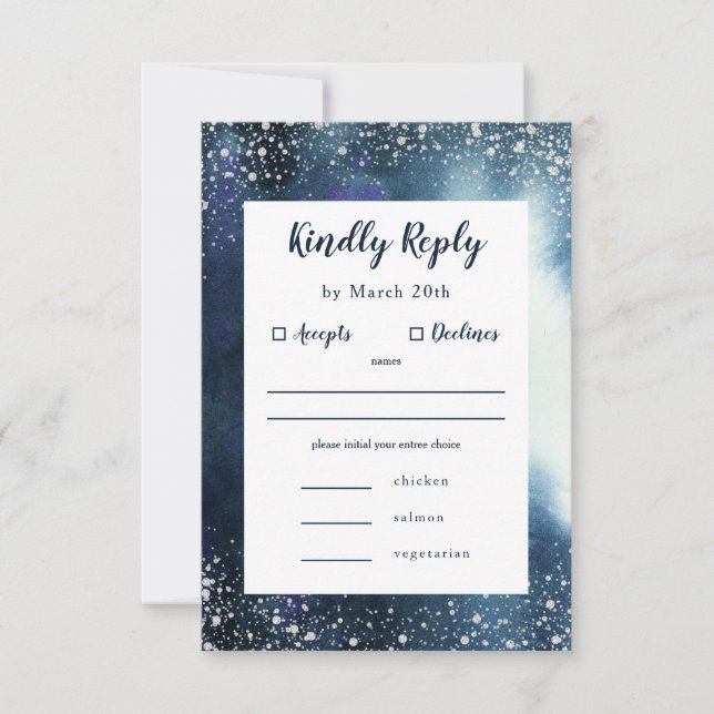Navy Blue Watercolor Silver RSVP with meal choice (Front)
