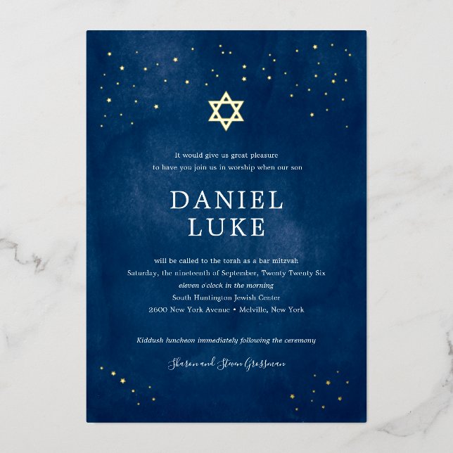 Navy Blue Watercolor Starry Night Bar Mitzvah (Front)