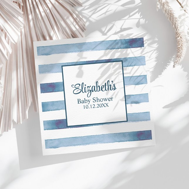 Navy Blue Watercolor Stripes Baby Shower  Napkin (Navy Blue Watercolor Stripes Baby Shower Napkins on a boho white table.)