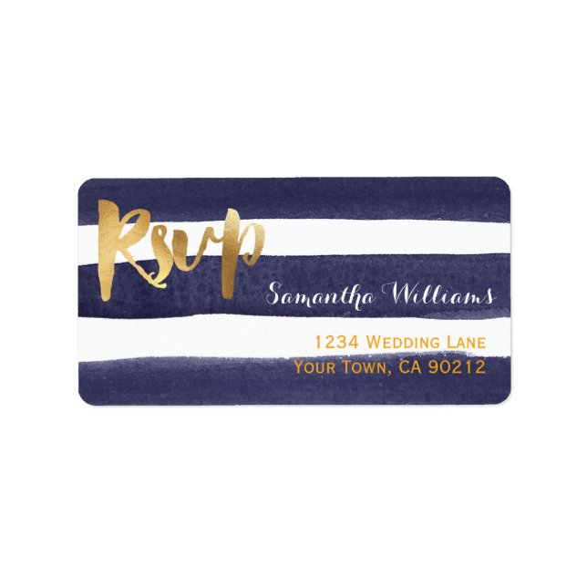 Navy Blue Watercolor Stripes Gold Wedding RSVP Label (Front)