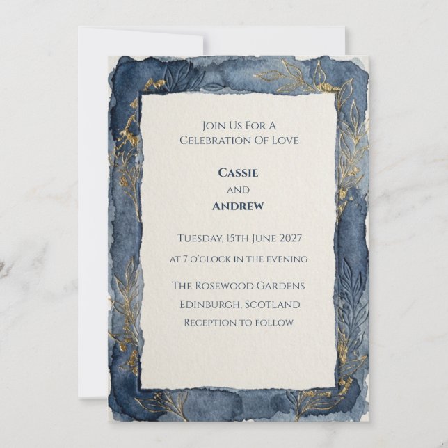 Navy Blue Watercolor Torn Edge Wedding Invitation (Front)