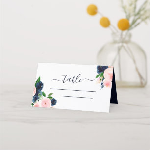 Navy Blue Watercolor Wedding Floral Place Card