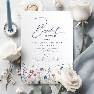 Navy Blue Watercolor Wildflower Bridal Shower Invitation