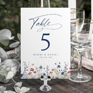 Navy Blue Watercolor Wildflower Rustic Wedding Table Number