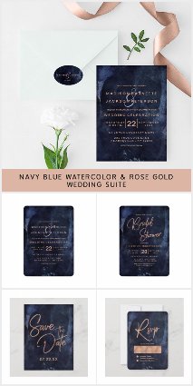 Navy Blue Watercolor with Rose Gold - Wedding