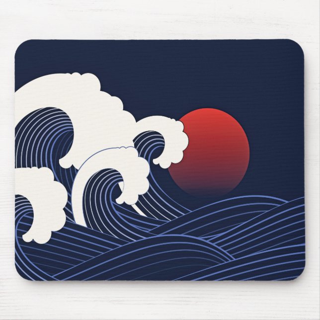 Navy Blue Wave with Red Moon  Mouse Pad (Front)