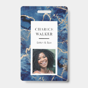 Navy Blue Waves Coastal Gold Salon Photo Name Badge