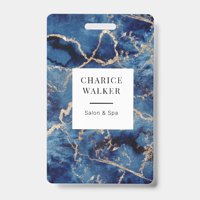 navy blue waves gold ocean salon monogram name badge (Front)
