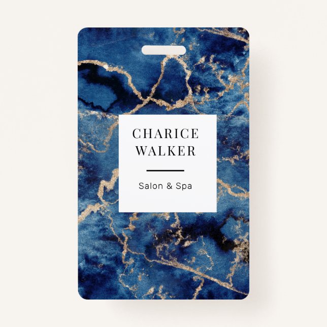 navy blue waves gold ocean salon monogram name badge (Front)