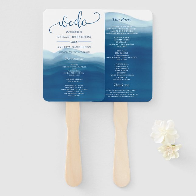 Navy Blue We Do Watercolor Ombre Wedding Hand Fan (Front and Back)