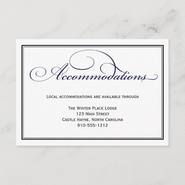 Navy Blue Wedding Accommodations Detail Card (Front)