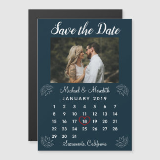 Navy Blue Wedding Calendar Photo Save the Date Magnetic Invitation