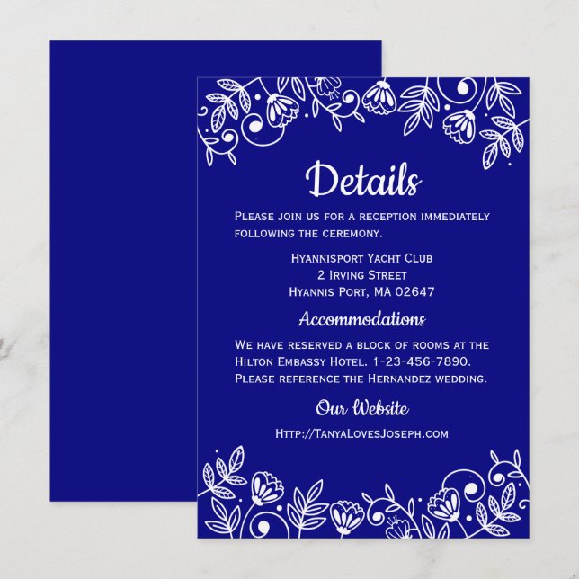 Navy Blue Wedding Details Floral Elegant Flowers Invitation (Front/Back)