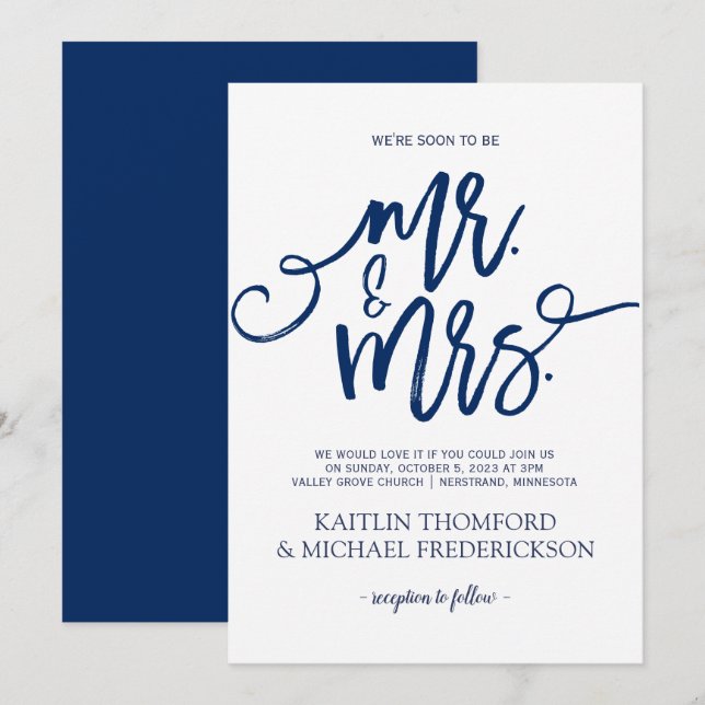 Navy Blue Wedding Invitations-Rustic Brush Script Invitation (Front/Back)