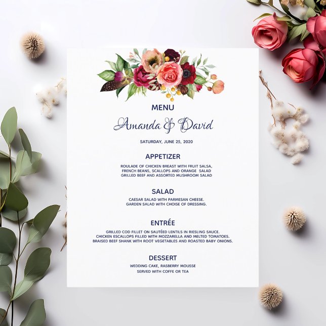 Navy blue Wedding Menu florals white burgundy (Creator Uploaded)