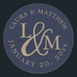 Navy Blue Wedding Monogram Classic Round Sticker<br><div class="desc">wedding  feature your initials worked into a monogram design,  joined by a decorative script ampersand. Your names and wedding date appear in white lettering,  curved around the outside.</div>