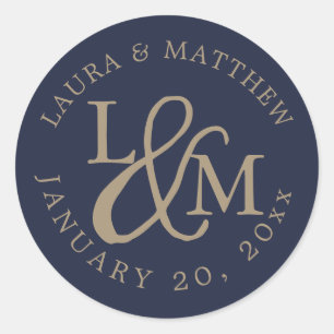 Navy Blue Wedding Monogram Classic Round Sticker