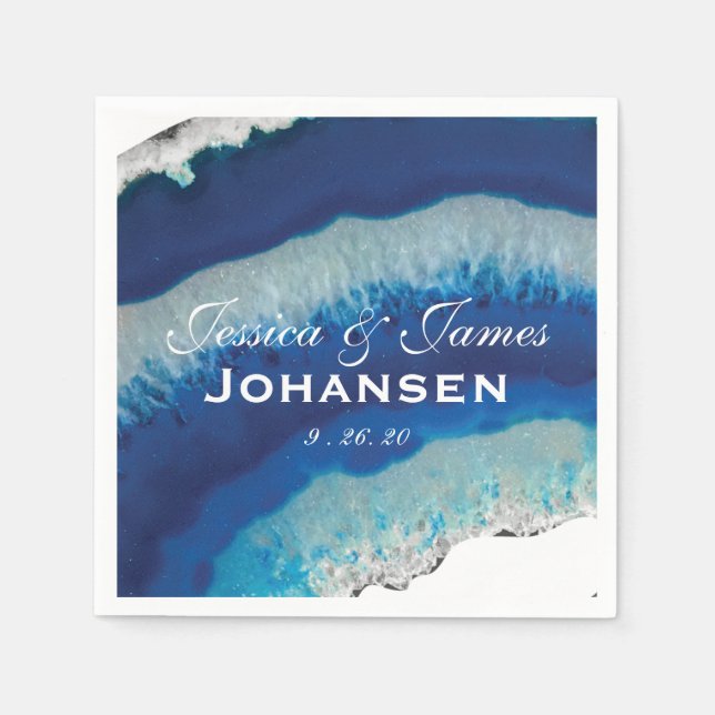 Navy Blue Wedding Monogram Date | Agate Napkin (Front)