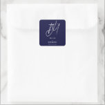 Navy Blue Wedding Monogram Square Sticker<br><div class="desc">Add a touch of elegance to your wedding favours or decorations with these personalized navy blue square stickers. Featuring a large brush script two initial monogram with the couple’s name and date in sans serif font,  these stickers are perfect for adding a personal touch to your special day.</div>