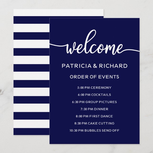 Navy Blue Wedding Order of Events Timeline Invitation (Front/Back)