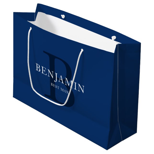 Navy Blue Wedding Party Monogram Thank You Large Gift Bag (Front Angled)