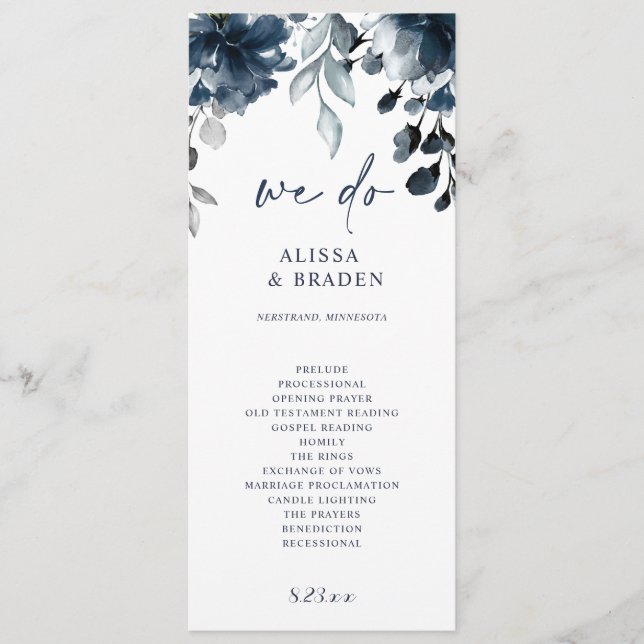 Navy Blue Wedding Programs Floral Greenery (Front)