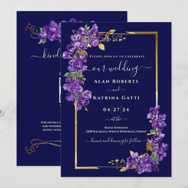 Navy Blue Wedding Purple Violets Gold Frame RSVP Invitation (Front/Back)