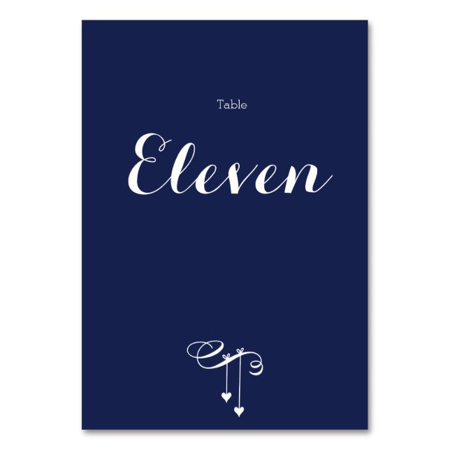Navy Blue Wedding Table Numbers With White Hearts (Front)